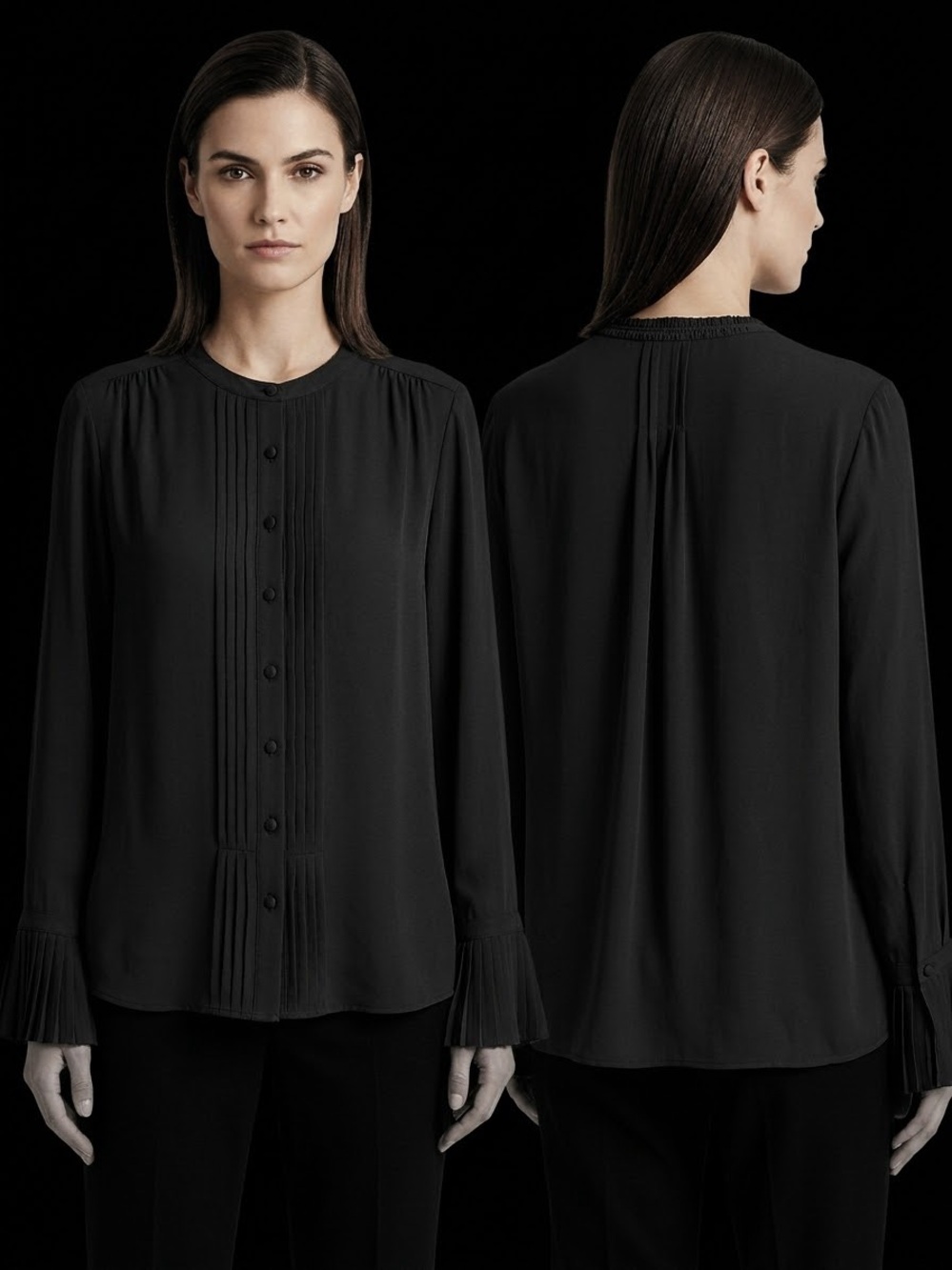 White House Black Market Black Pleated Front Button-Down Blouse